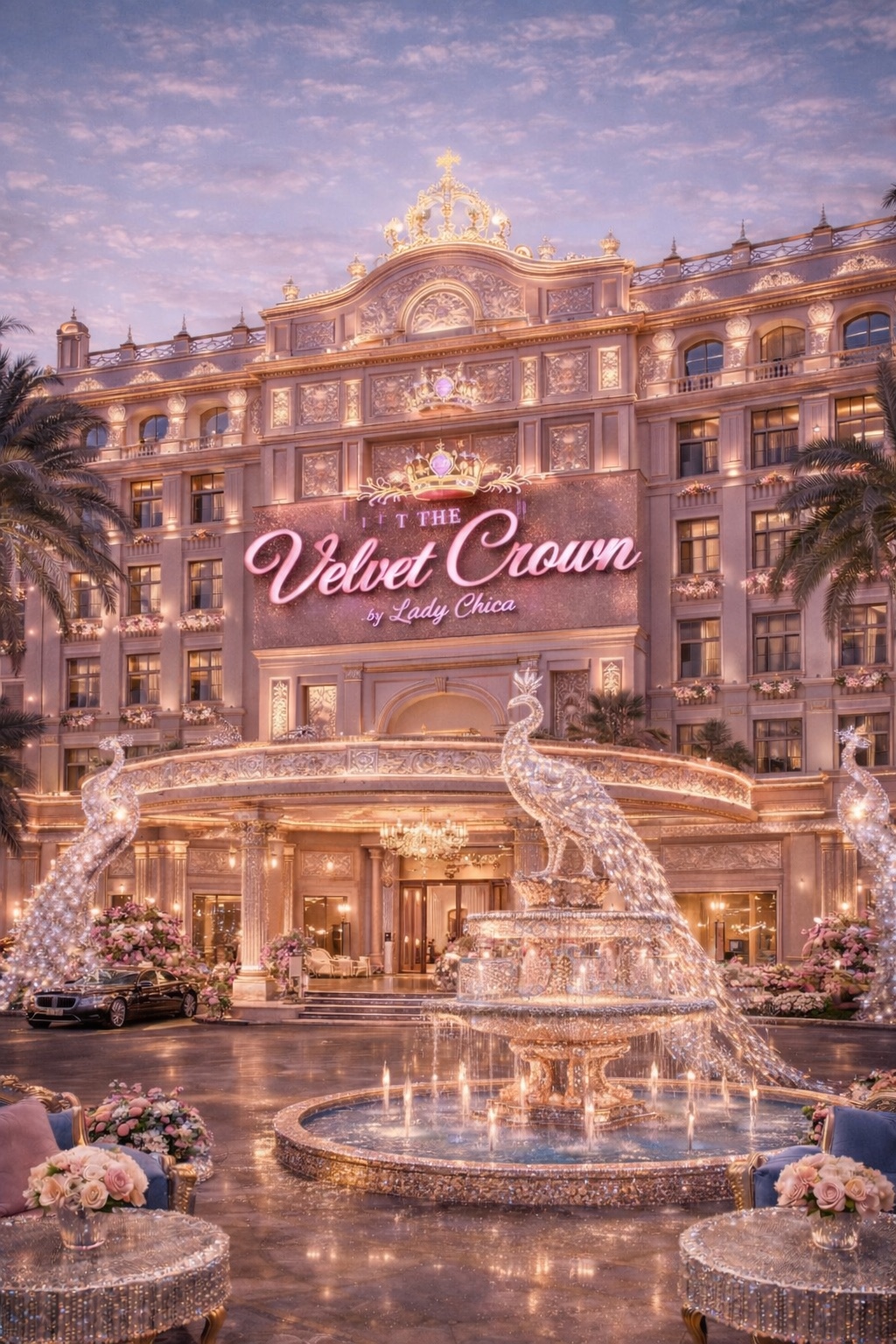 The glowing entrance to The Velvet Crown palace