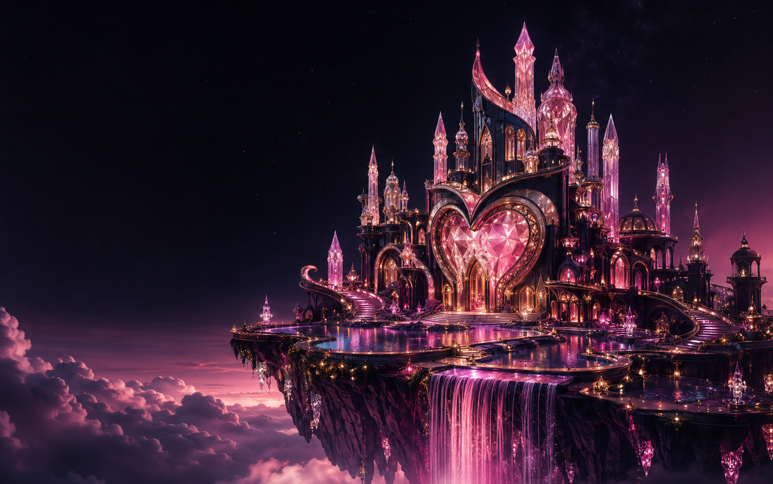 The fictional Velvet Crown fantasy palace floating above luminous clouds